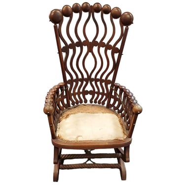 19th Century George Hunzinger High Back Rocking Chair RARE Wavy Lollipop Design 