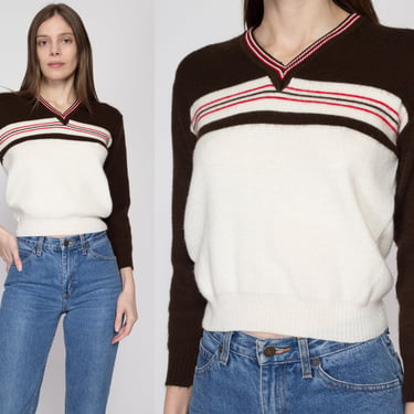 Small 70s Brown & White Striped Knit Cropped Sweater | Vintage Cropped V Neck Pullover Top 