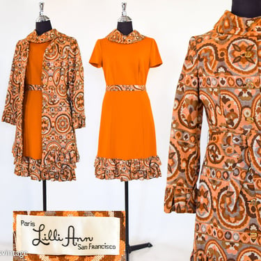 Lilli Ann | 1970s  Orange Paisley Dress Coat Set | 70s Orange & Paisley Coat Dress Set | Lilli Ann | Medium 