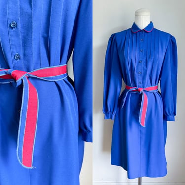 Vintage 1980s Blue and Red Belted Shirtwaist Dress / M 