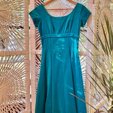 50s Turquoise Velvet Party Dress / Vintage Bow Dress / 50s Cocktail Dress/ Size XS-S / Waist 26/ MId Century Dress 