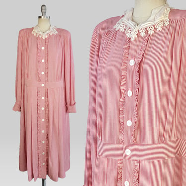 1940s Dress / Ranch Dress / Red Pinstriped Shirtwaist Dress with Lace Collar / Plus Size / Size Extra Large, XL Plus 