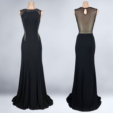 VINTAGE 00s Y2K Black Sheer Cutout Mesh Avant Garde Formal Dress By B Darlin Sz M | 2000s Curvy Gothic Bombshell Prom Gown | VFG 