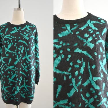 1980s Green and Black Abstract Tunic Sweater 
