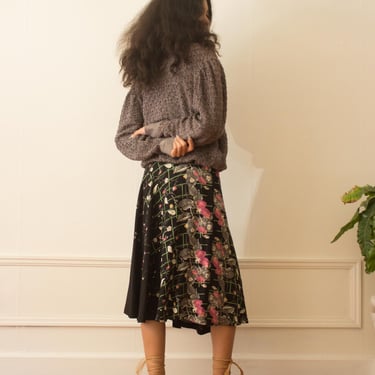 1970s Rayon Floral Border Print Middy Skirt 