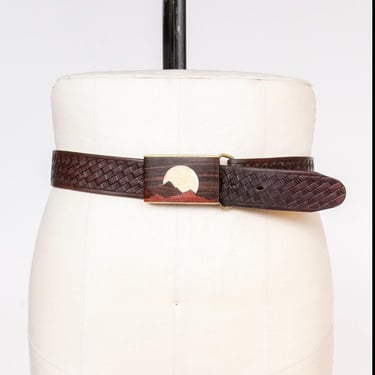 1970s Belt Brown Leather Inlay Wooden Moon Buckle L 