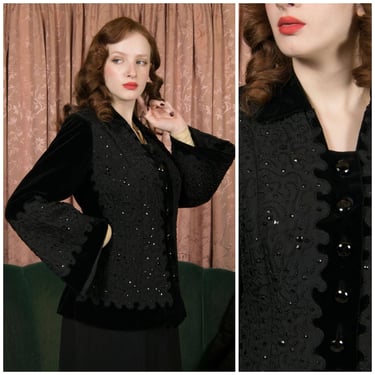 1940s Couture Jacket - *RARE* Nicketsy Estelle Parisian Couture Bell Sleeve Jacket in Velveteen and Faille with Soutache and Enameled Studs 