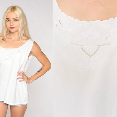 Cut Out Tank Top 90s White Floral Embroidered Blouse Bali Cutwork Shirt Flower Cutout Summer Sleeveless Hippie Vintage 1990s Extra Large xl 