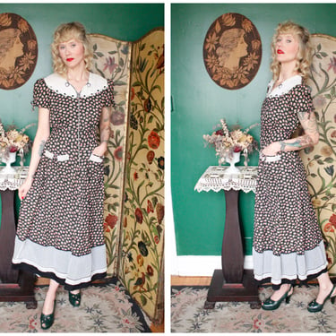 1940s Dress // Cotton Floral and Swiss Dot Gown // vintage 40s dress 