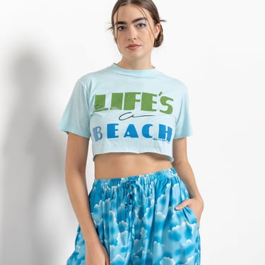 LIFE'S A BEACH Aqua Summer Soft Thin Poly Cotton Vintage Tee T-Shirt Cropped Cut Off / Small 