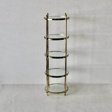 Vintage Cylindrical Gold Brass Five Tier Étagère with Glass Shelves 