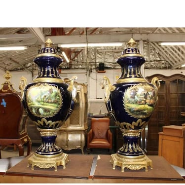 Urns, Pair, Signed, Sevre Style, Porcelain, Bronze, With lids, Vintage / Antique