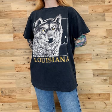 Vintage 90's Perfectly Worn and Faded Black Louisiana Wolf Nature T-Shirt Tee Shirt 