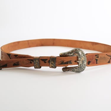 Vintage RENALDE Sterling Silver Ranger tooled leather Belt 