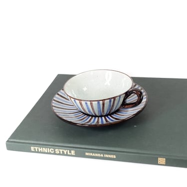 Set of 6 Vintage RAS Danish Vint Striped Slate Blue & Sepia Porcelain Cup/Saucer, RAS Mid Century China, Vintage Pottery 
