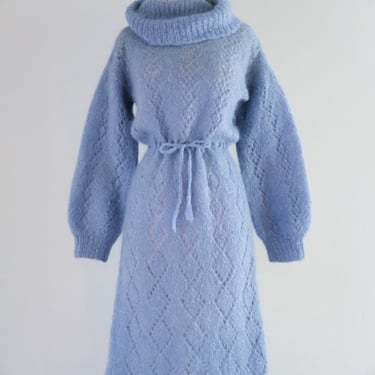 Cutest 1970's Hand-Knit Pale Blue Mohair Sweater Dress / M