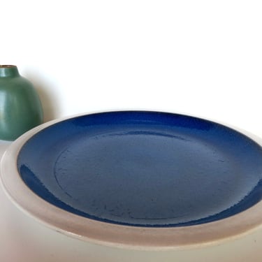 Vintage Heath Ceramics Opal Moonstone Dinner Plate, Edith Heath Rim Line Blue And White 11 1/2" Serving Plate, 2 Available 