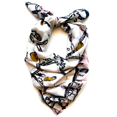 Vintage 60s Silk Chiffon Scarf Mod Floral Black White Pink Sheer 1960s Hair Accessories 