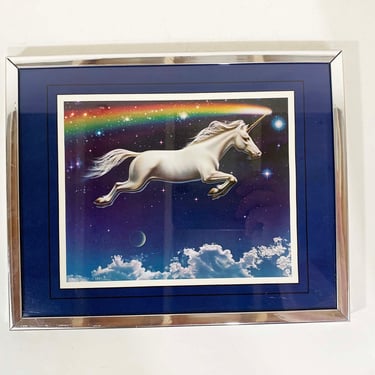 Vintage Framed Unicorn Wall Art Rainbow Espinoza Mystical Fantasy Mid-Century Silver Frame 1980s 1981 Wall Decor Nursery Kids 