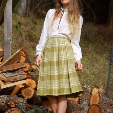 Vtg 50's Full Skirt Sage / Olive Green Retro Plaid Wool Skirt /  Pleated High Waist Midi / Preppy School Girl Chic - Secretary Work Skirt 