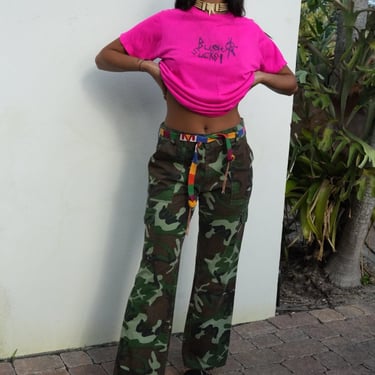 Vintage Camouflage Pants / 1970's Army Green Easy Slacks / High Waist Cotton Jeans / Gender Neutral Fatigues 