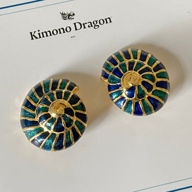 Vintage French Jewel Blue & Green Enamel Shell Earrings