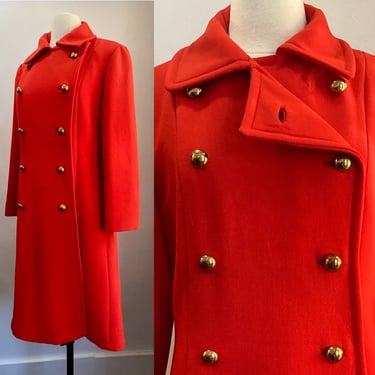 60s Vintage MOD ORANGE Wool Dress Coat / Military Double Breasted Peacoat / Saturated Color + Brass Buttons /Hidden Pockets 