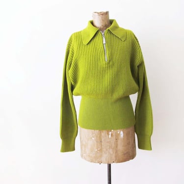 Vintage 2000s DKNY Bright Green Ribbed Wool Knit Collared Sweater Zip Neck Y2K Small 