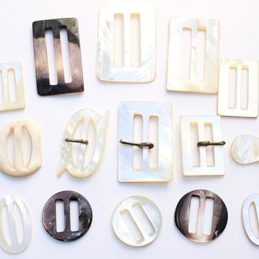 18 Antique Mother Of Pearl Belt and Sash Buckles - 19th Century MOP Sash Buckles - Iridescent -Smokey Purple Gray - Round Square Rectangle 