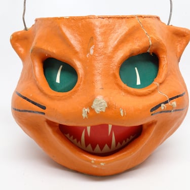 Vintage (AS IS) Reproduction Orange Cat Head Lantern, made with Pulp Paper Mache,  Halloween Decor 