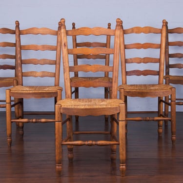 Country French Provincial Farmhouse Ladder Back Beech Dining Chairs W/ Rush Seats - Set of 6 