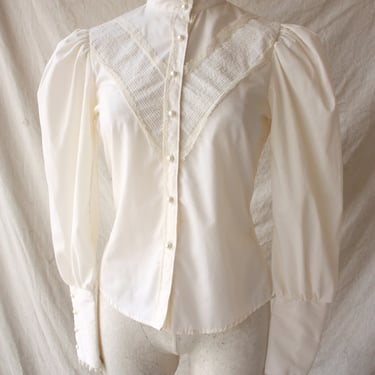 70s does Victorian Off White Puff Shoulder Lace Blouse Size S 
