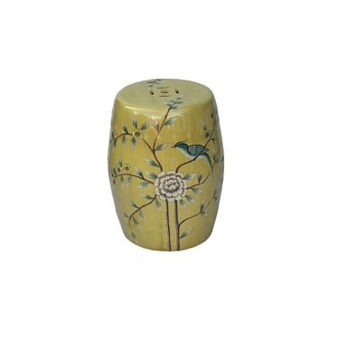 Distressed Yellow Porcelain Flower Birds Round Barrel Stool Table ws3692E 