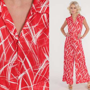 70s Jumpsuit Bell Bottom Pantsuit Zip Up Red White Abstract Print Wide Leg Romper Pants Sleeveless Collared Summer Vintage 1970s Medium M 