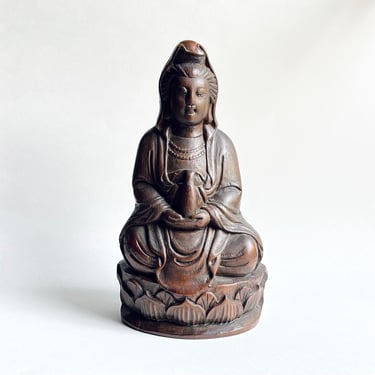 Lovely Antique Chinese Carved Bamboo Seated Guanyin Sculpture Likely Qing 11.5” 