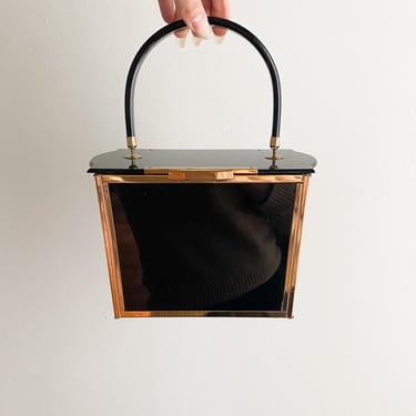 50's Vintage Black &amp; Gold Lucite Box Bag by Majestic