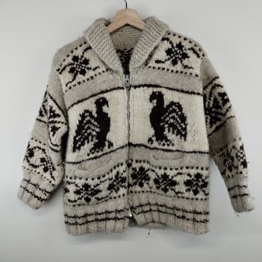 S 70s Wool Cowichan Thunderbird Eagle Knit Zip-Up Cardigan Sweater Gray Brown Small 1970s 1980s Cool Design Fall Autumn Icelandic Fair isle 