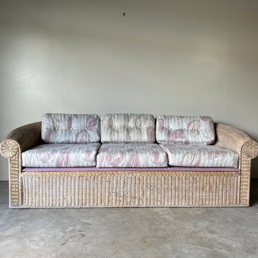 Vintage Organic Palm Beach Coastal Cerused Wicker Roll Back Sofa 