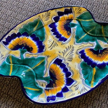 Vintage Lotus Flower earthenware Mayolica Pottery 14” Folk Art Studio~ Lily Pad Serving Platter in Cobalt Blue, Marigold, Green~ Unique Gift 