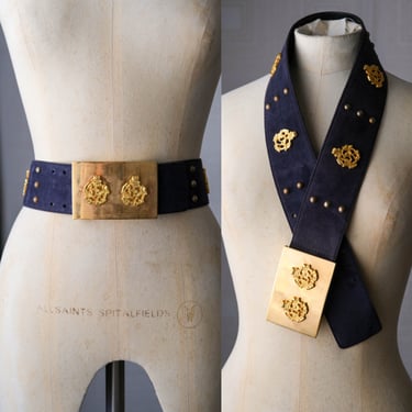 Vintage 80s ESCADA Navy Blue Suede Belt w/ Gold Crest Rivets & Heavy Brass Buckle | Made in W. Germany | 100% Leather | 1980s Designer Belt 