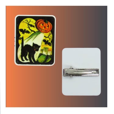 Halloween Hair Clip - Spooky Cute Ghost Pumpkin Black Cat Scene - Retro Vintage Style 
