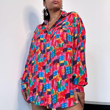 90s Art Deco Novelty Print Oversized Silk Shirt | Extra Large 