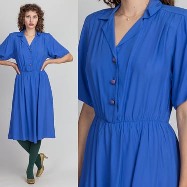 80s Periwinkle Button Up Midi Dress - Medium | Vintage Short Sleeve Collared Secretary Dress 