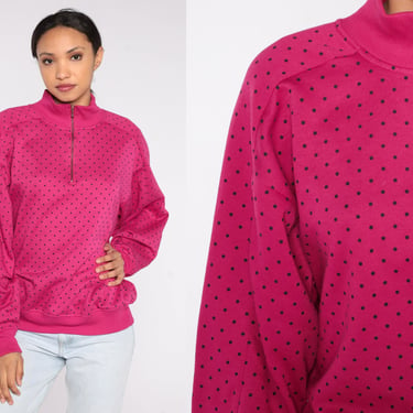 Polka Dot Sweatshirt 90s Bright Pink Pullover Retro Quarter Zip Sweatshirt Funnel Neck Hipster Girly Spring Sweater Vintage 1990s Large L 