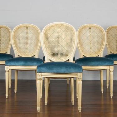 Antique French Louis XVI Style Provincial Painted Dining Chairs W/ Cane and Blue Mohair Fabric - Set of 6 