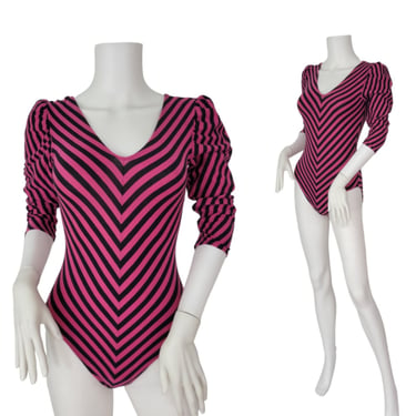 1980's Pink Black Striped Lycra Stretch Bodysuit I Sz Sm 