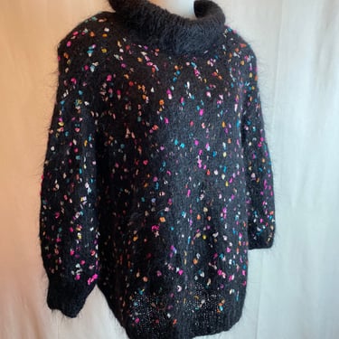 90’s fuzzy mohair sweater~ black colorful confetti Italian knit turtleneck rolled collar puffy boxy oversized retro neon size M/L 