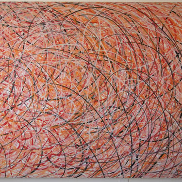 Original Vintage 1979 AMY ADAMS Abstract PAINTING 48x60" Acrylic / Canvas, Orange Scribbles Large Mid-Century Modern Art expressionist eames 