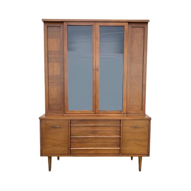 MidCentury Wood China Cabinet with Glass Display Hutch and 3 Dovetailed Drawers - Vintage MCM Walnut Wooden Furniture 