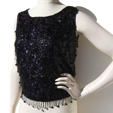 Vintage 60s Black Sequins Beaded Cocktail Popover Tank Top Sz 36 